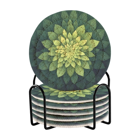 Haosy Set of 6 Drink Woven Coaster with Holder Heat Resistant Non-Slip Bar Coasters 4 Inches Green Mandala with Leaves