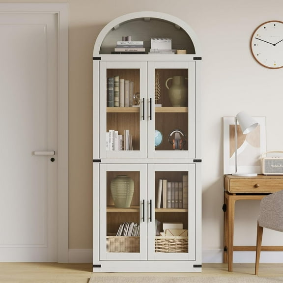Cabihome Arched Bookcase, 71.4in Tall Wooden Farmhouse Bookshelf with Doors and Storage Shelves, Rounded Bookcases for Living Room, Office White