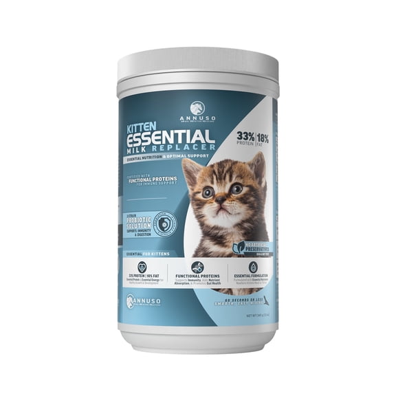 ANNUSO Kitten Essential Milk Replacer, 12oz - 33% Protein & 18% Fat - Complete Nutrition with Probiotics and Key Nutrients, Supports Immunity & Digestion - Easy-Mix Powder