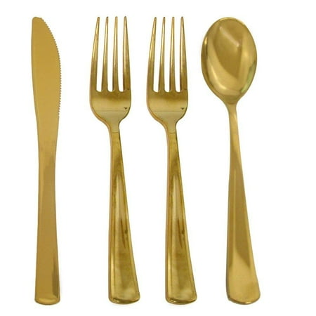 - Christmas 56 Piece Gold Cutlery Set For 14 Guests, Elegant and Disposable Gold-Look Flatware. Pack Includes 56 Pieces of Gold Cutlery 28 Forks, 14 Spoons, and 14 Knives.