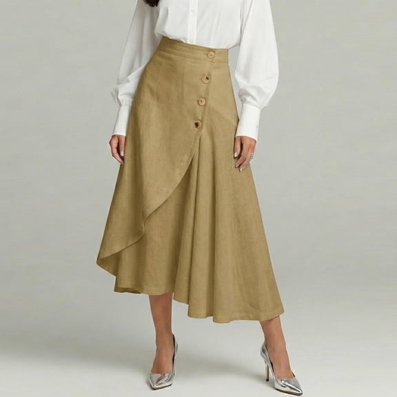 Vmvidoty Cotton Linen Skirts for Women S-3XL Maxi Length Summer Skirts Button High Rise A-Line Fashion Flowy Long Business Skirt Khaki S