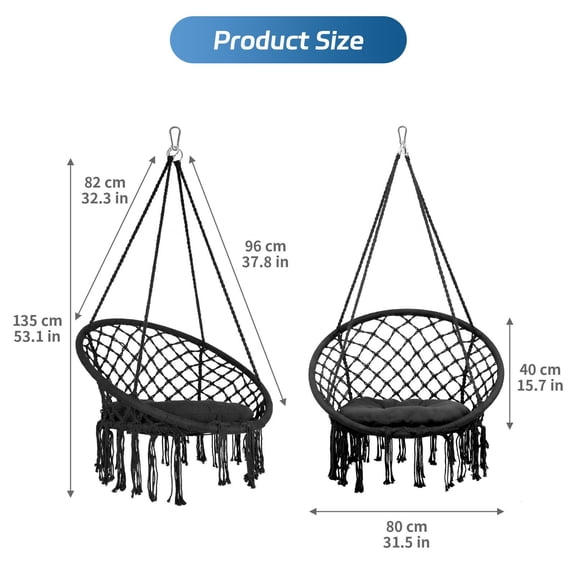 Tanfengu Macrame Hanging Hammock Chair with Cushion, 31.5 in Diameter, Max 400 LBS Tassel Swing Chair for Indoor Bedroom, Outdoor Patio, Balcony & Garden,Black