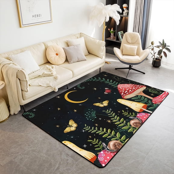 Voguly Mushroom Area Rug 3x5, Boho Butterfly Snails Botanical Print, Non Slip Runner for Living Room Bedroom, Kawaii Fungus Pattern Carpet, Kids Room Decor Mat