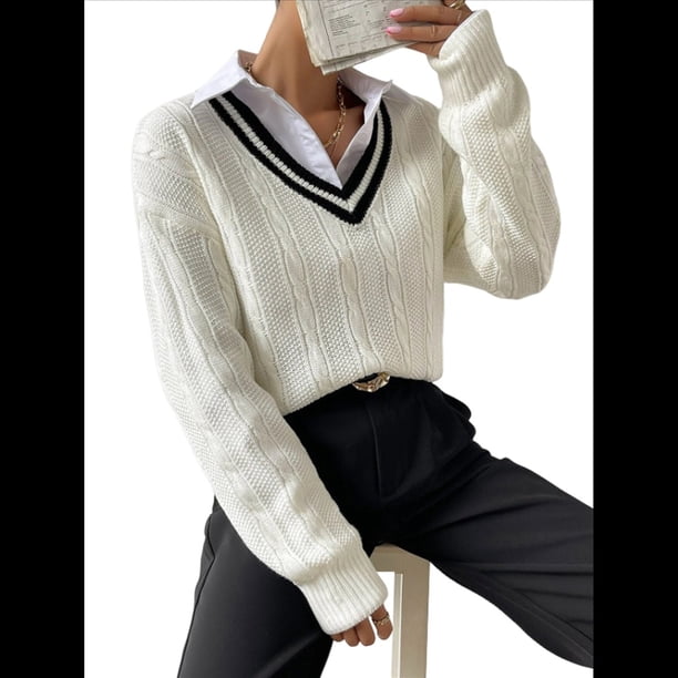 Suéteres Holgados con Cuello en V para Mujer, Jersey de Punto de Larga, Suéter Grueso A Rayas, Blusas Casuales de Tenis Tipo Túnica L