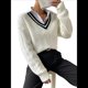 thumbnail image 1 of Suéteres Holgados con Cuello en V para Mujer, Jersey de Punto de Larga, Suéter Grueso A Rayas, Blusas Casuales de Tenis Tipo Túnica L, 1 of 8