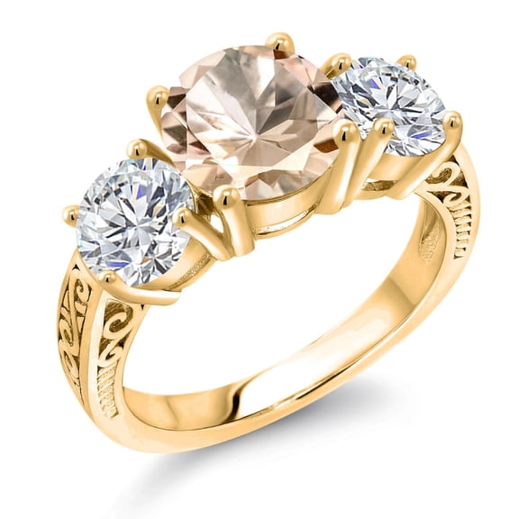 Gem Stone King 18K Yellow Gold Plated Silver Peach Morganite and Lab Grown Diamond Engagement Ring for Women | 3.18 Cttw | Round 8MM | Gemstone October Birthstone | Size 5