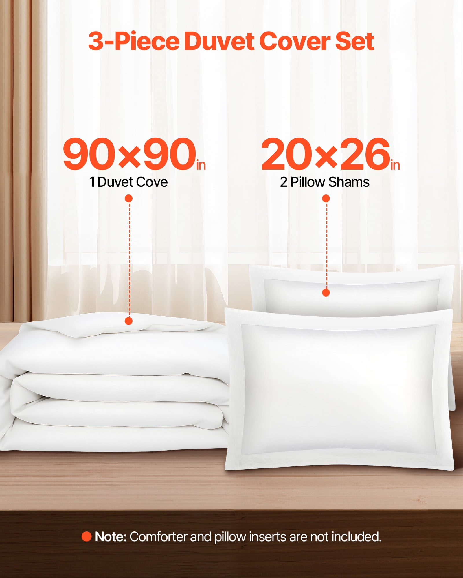 VEVOR Queen Duvet Cover Set, 100% Cotton, 3 Pieces Bedding Set Queen Size with 1 Duvet Cover 90 x 90 in and 2 Pillow Shams 20 x 26 in, Soft Breathable, Double Zipper Closure, for Home Bedding, White