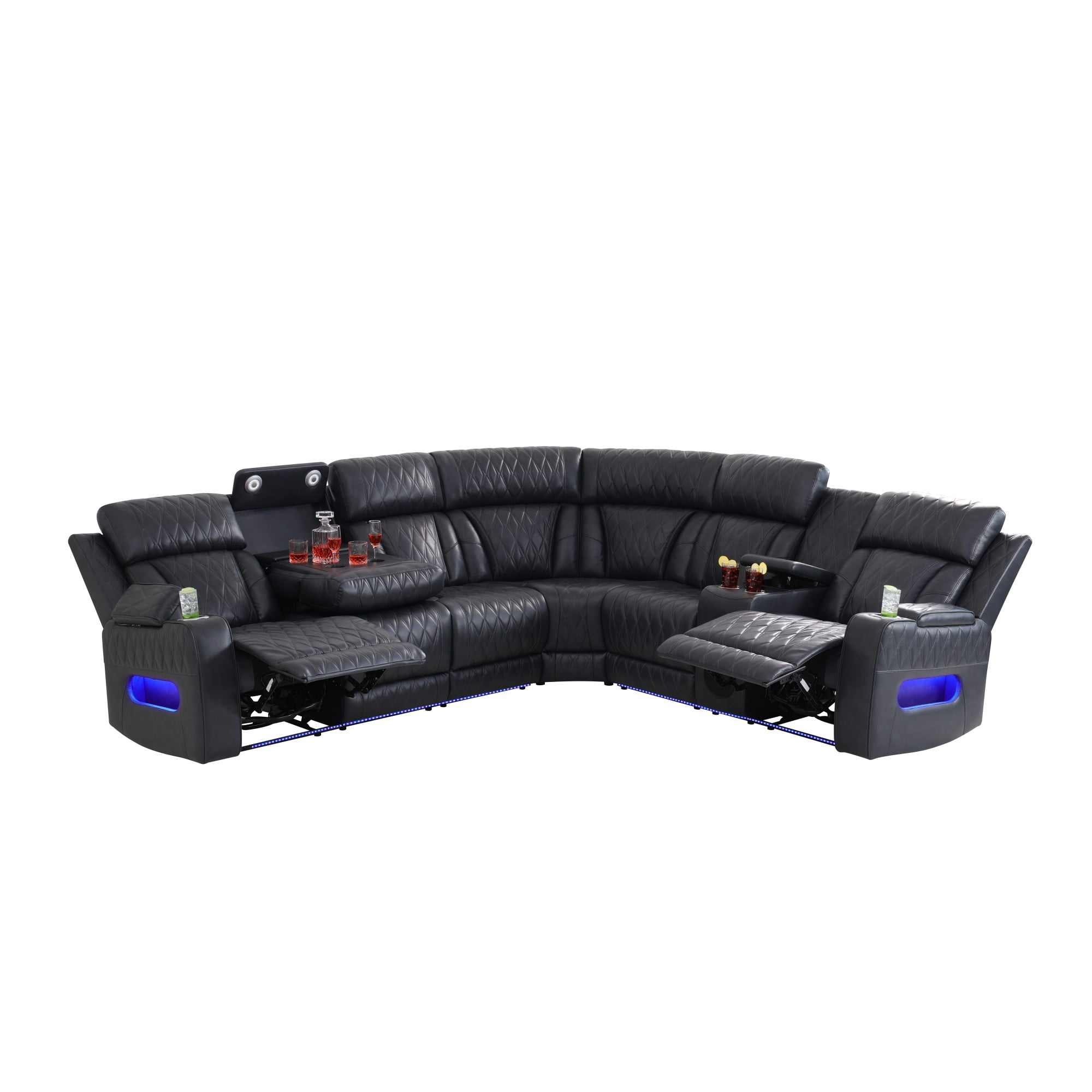 Gewnee Oversized Reclining Corner Sectional Couch, Power Recliner, Air Leather, Bluetooth Speakers, Wireless Charging, USB & Type‑C Charging, Cup Holders, Living Room Home Theater, Blackish Gray