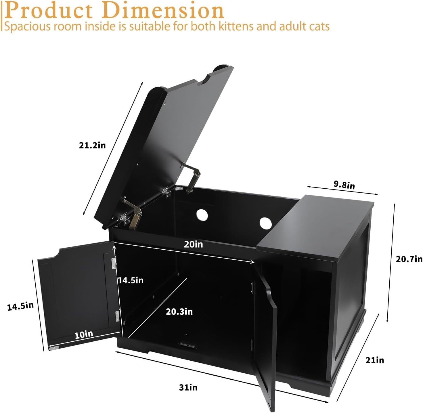 Flip Top Cat Litter Boxes Enclosure Covered Litter Box Hidden Furniture Wooden Cat Washroom Cabinet for , Medium and Large Cat Black