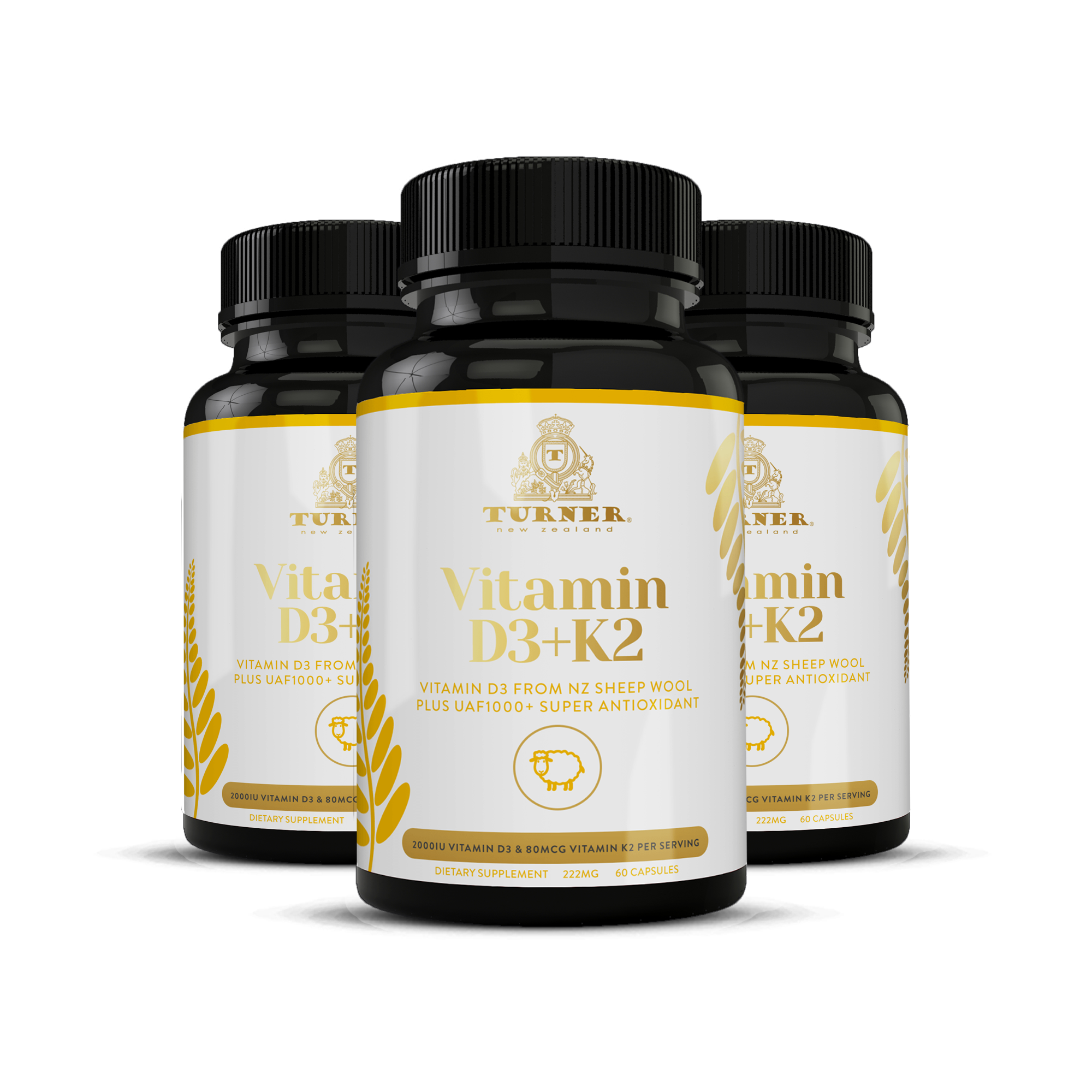 TURNER Vitamin D3 2000IU and K2 2000IU, Pure Sheep Wool Antioxidant 180