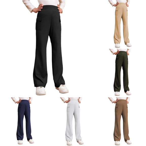 CONZONE School Uniform Pants For Little Girls Straight Leg Elastic Waist Girls Pants With Pockets Relaxed Fit Casual Fall Trousers For Girls Size 5-6 Years Black