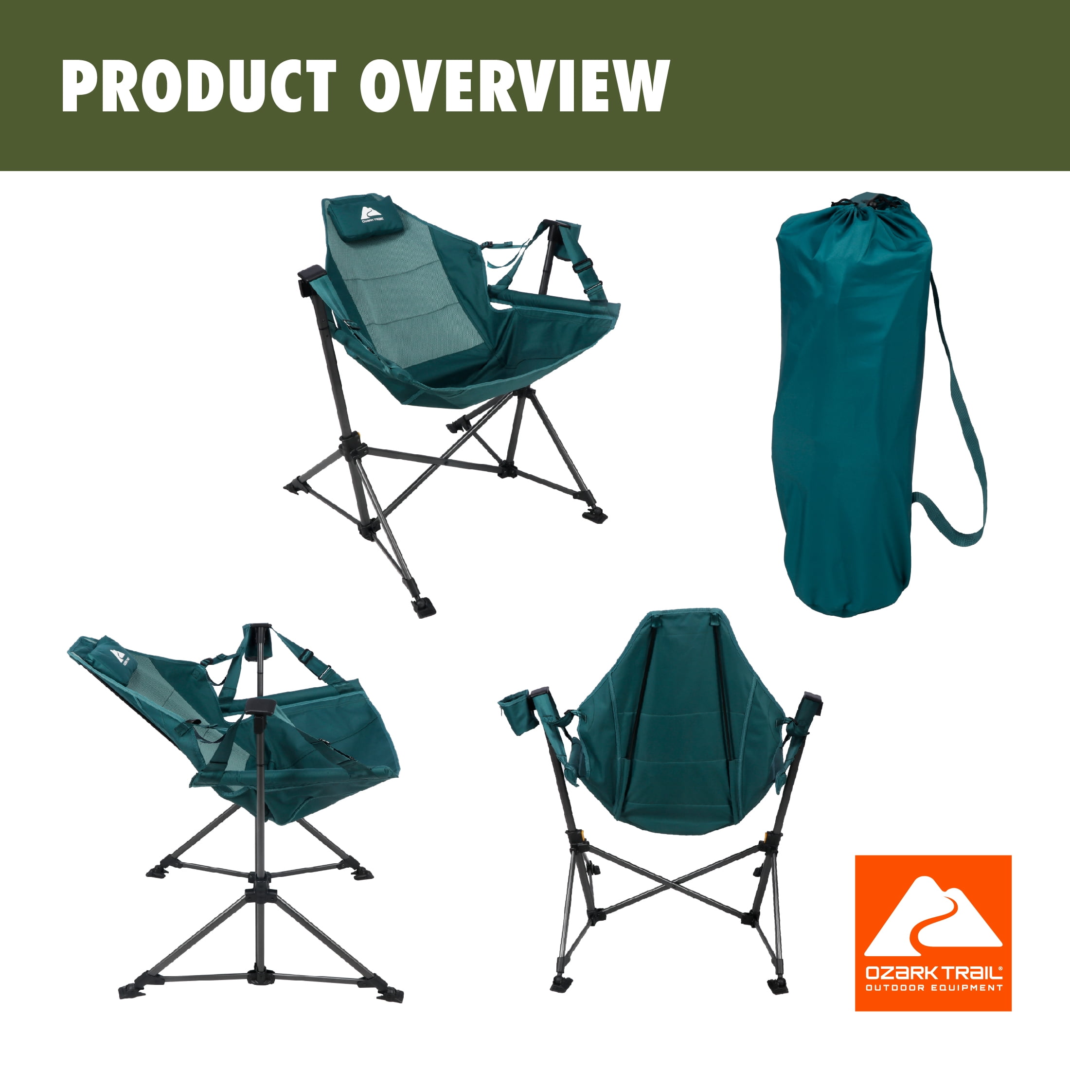 Ozark Trail Swing Hammock Chair with Built-in Pillow, Green