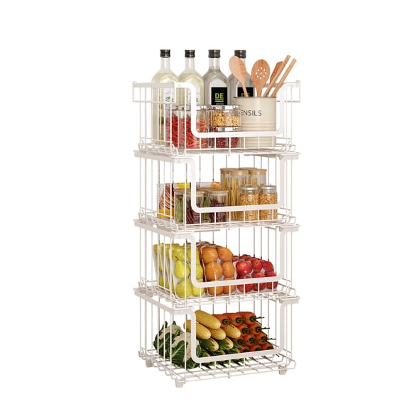 4-Piece Stackable Wire Baskets for Pantry Organizers and Storage, Vegetable Fruit Basket for Countertop, Kitchen Storage Metal Baskets,Produce Potato Onion Storage Bin, White