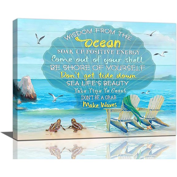 Beach Wall Art Ocean Wall Decor Coastal Beach Chairs Sea Turtles Canvas Prints Seagull Seashell Pictures Inspirational Quotes Painting Modern Artwork Home Decoration for Bathroom Bedroom 16"x12"