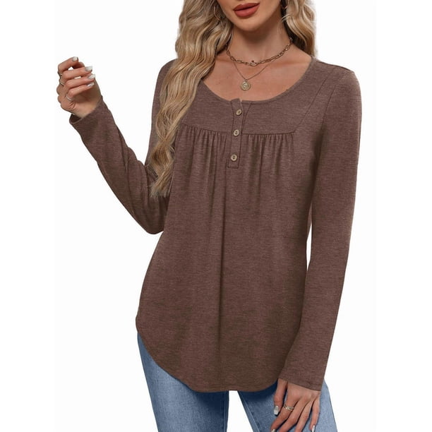 Camisas de Larga para Mujer, Conjuntos de Otoño, Cuello Redondo, Túnicas Casuales, Blusas de Moda, Ropa de Moda. Café XXL