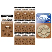 HearClear Size 312 Zinc Air 1.45V Hearing Aid Batteries Brown Tab (60 Pack) + Bonus Varta 8 Pack