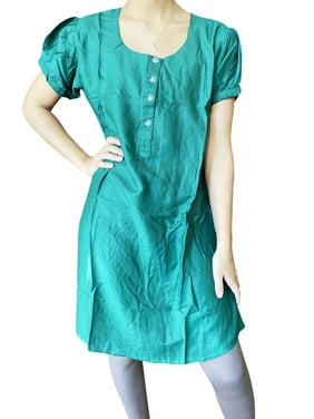 Mogul Women Green Tunic Dress Boho Solid Handmade Patio Dress Loose Comfy Beach Dress M