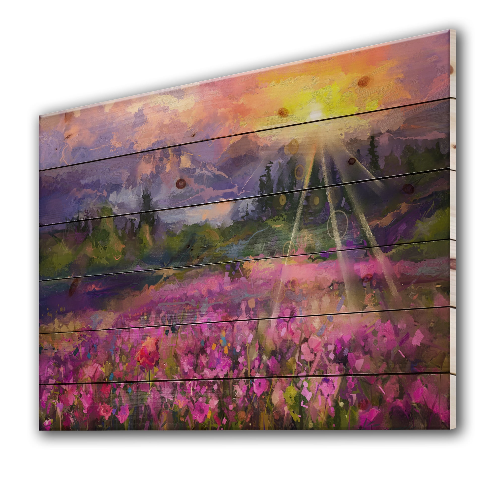 Designart 'Abstract Purple Cosmos Flowers With Bright Sun Over Mountainscape' Farmhouse Print on Natural Pine Wood