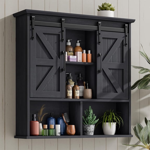 Bathroom Wall Cabinet with Double Sliding Barn Doors and Adjustable Shelves, Wooden Vintage Storage Cabinet Wall Mount