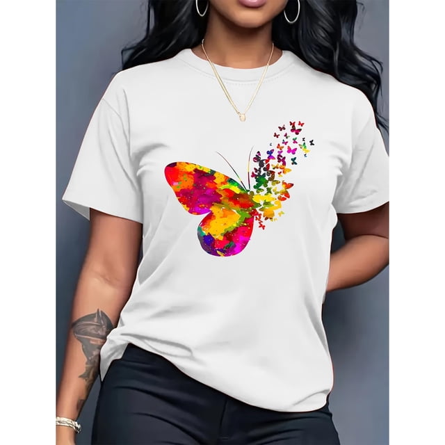 Camisetas con diseño gráfico para mujer, playera corta, clásico, estética, ropa de verano de los 90Colorful Butterfly Print Casual Fashion Top for Black Women, Featuring a Round Neck And Short Slee