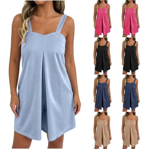Daiosportswear Women's Solid Wide Strap Sleeveless Side Pocket Relaxed Fit Summer Beach Short Jumpsuit Navy XS(XS)