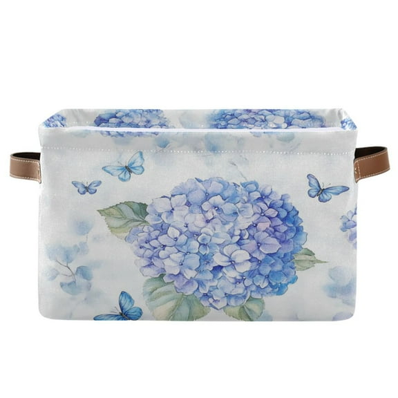 Blue Hydrangea Pattern Foldable Storage Basket,Canvas Fabric Foldable Storage Bins with Handles Open Home Storage Bins Boxes for Toy Book Shelf Closet Baskets
