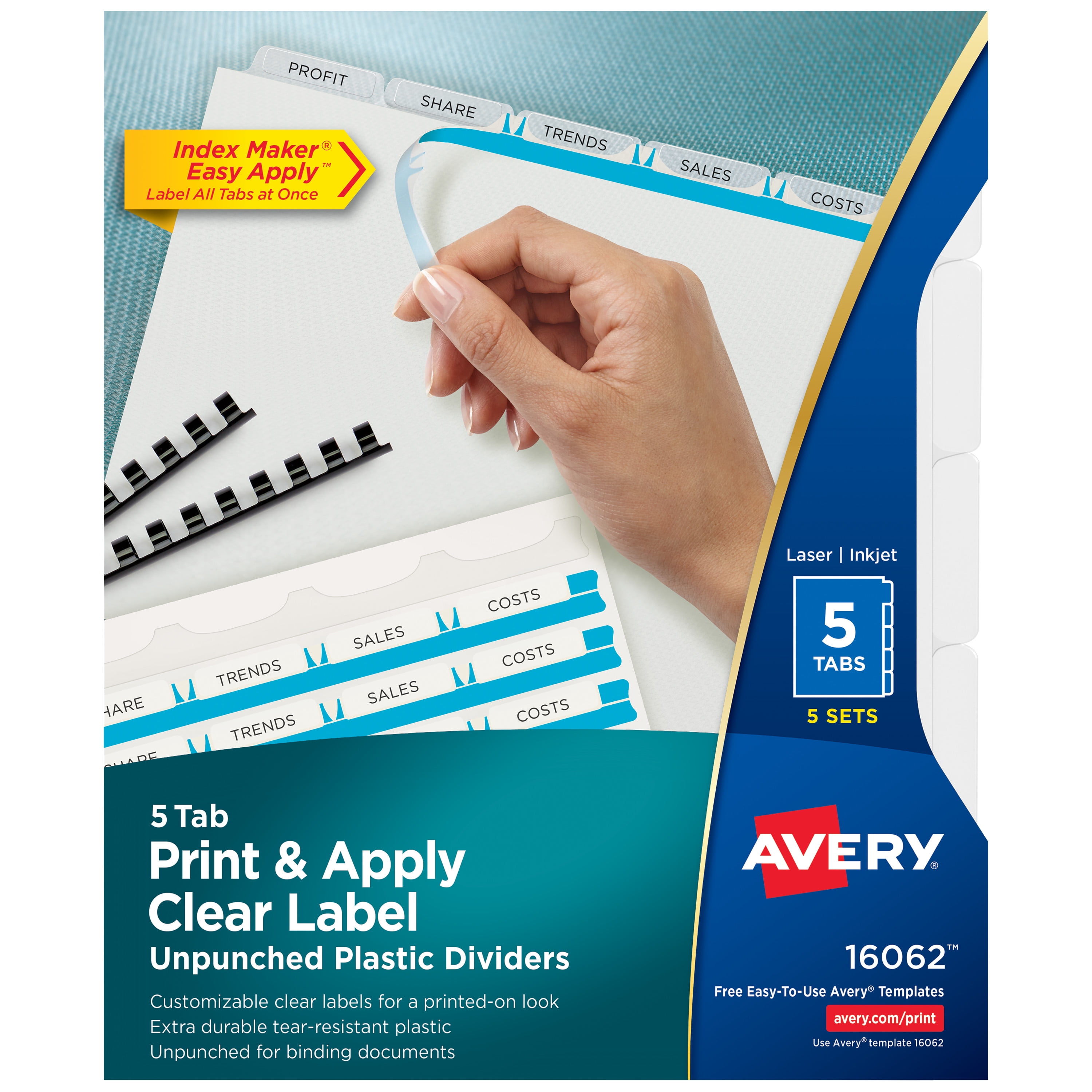 Avery 5-Tab Unpunched Plastic Dividers, Easy Print & Apply Clear Label Strip, Index Maker, 5 Sets (16062)