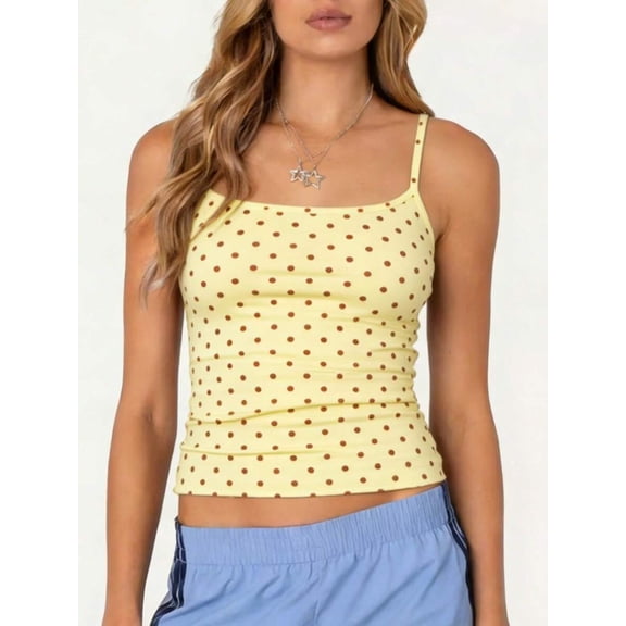 Yellow Polka Dot Square Neck Spaghetti Strap Ruched Crop Tank Top For Women