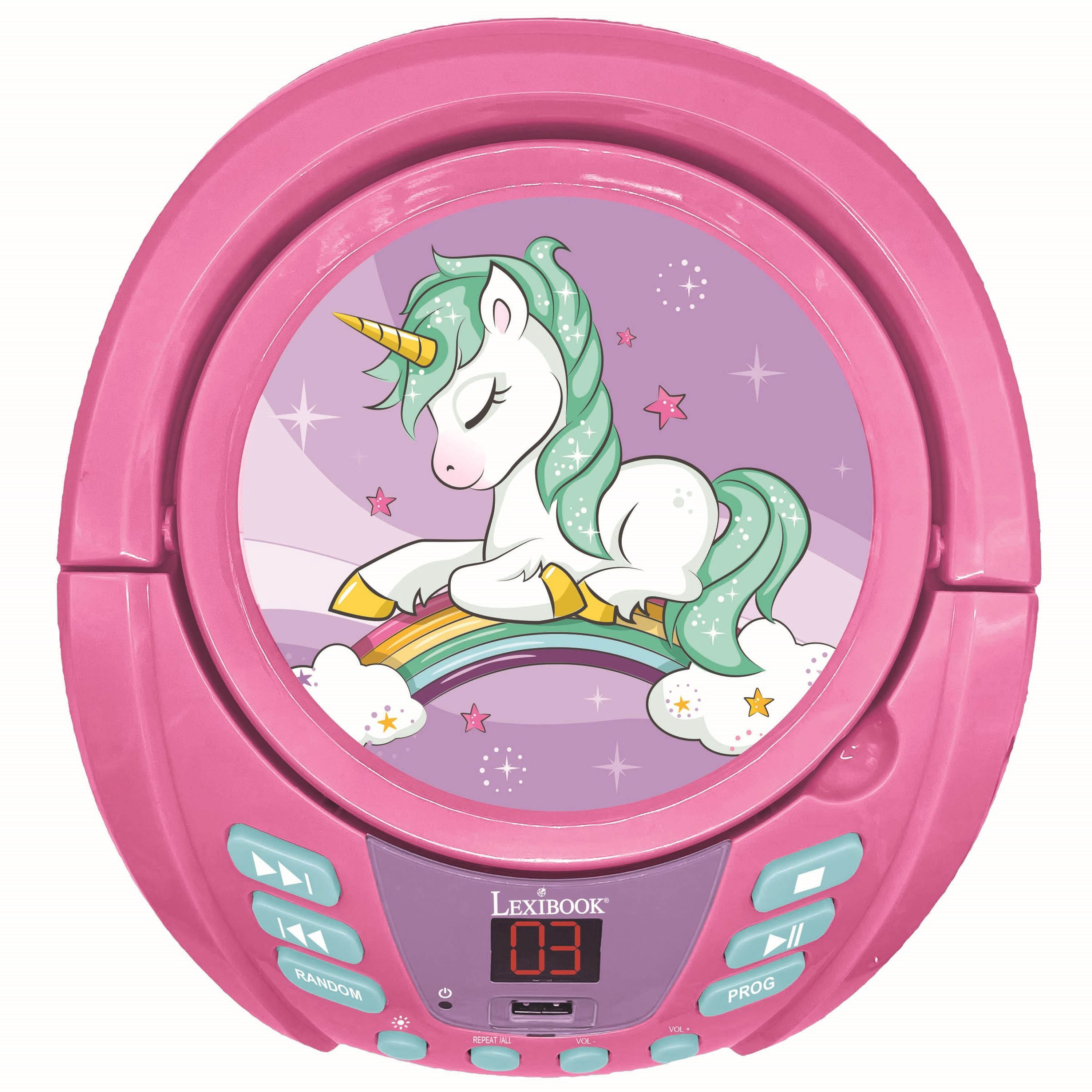 Lexibook Unicorn - Bluetooth CD player for kids – Portable, Multicoloured light effects, Microphone jack, Aux-in jack, AC or battery-operated, Girls, Boys, Pink