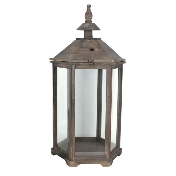 ArtMaison Canada, Graca Polygon Temple Garden Lantern 15x13x31 Inch | Large XL Wood Brown Decorative Candle Holders Lanterns Lamps With Lid
