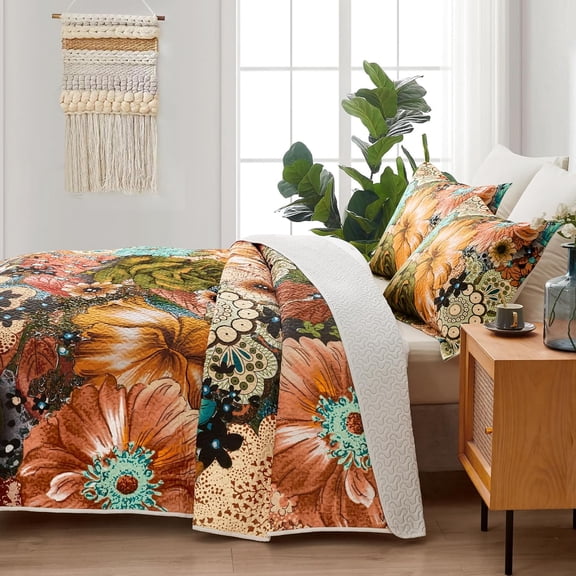 Boho Floral Quilt Sets Full/Queen Size Reversible Mid Quilt Bedding Set Bohemian Design Soft Bedspread 3 Pieces Microfiber Lightweight Coverlet with 2 Pillow Shams for All Seasons