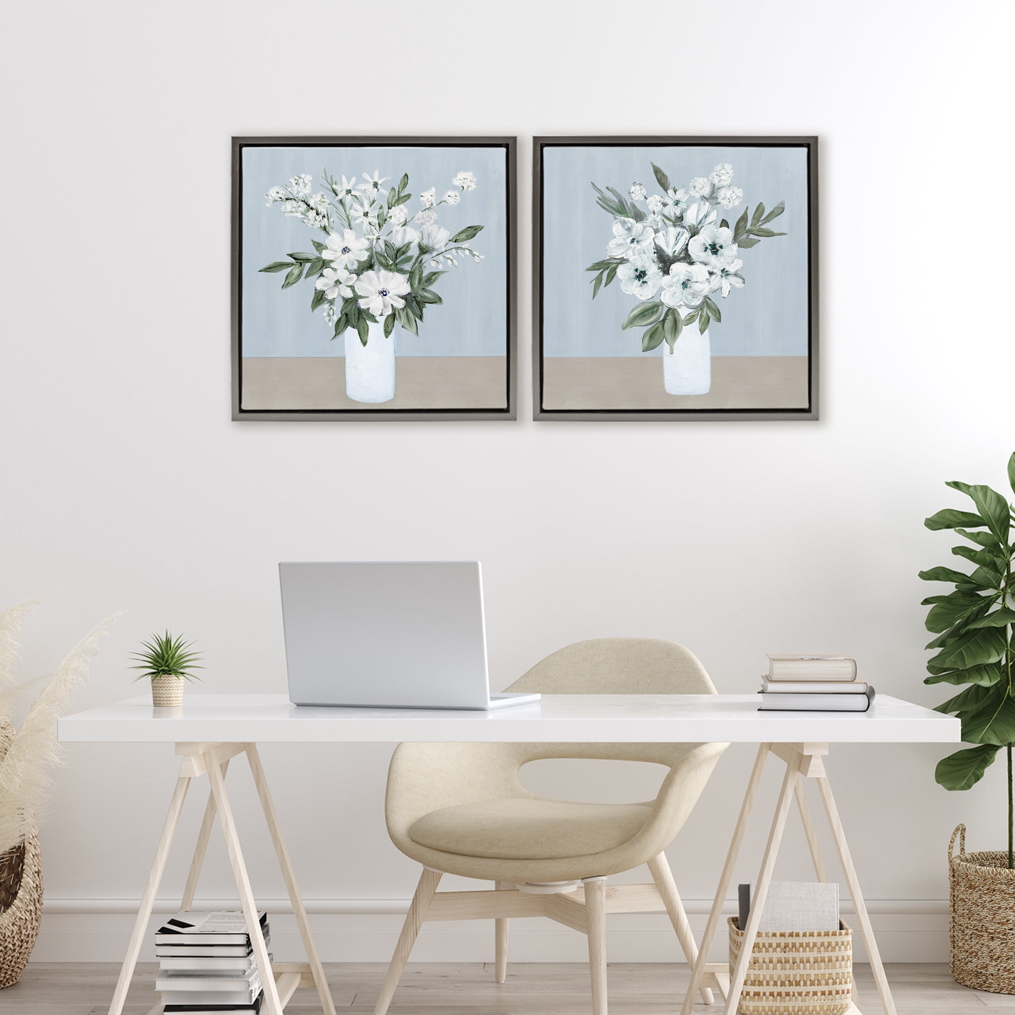 Stupell Industries Mixed White Blossoms 2 Piece Gray Framed Floater Canvas Set, design by Marilyn Dunlap