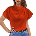 thumbnail image 2 of Pincandy Women's Round Neck Short Sleeved Left Shoulder Pleated Satin Women's Top Short Sleeved Round Neck Top,Orange,S, 2 of 6