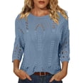 thumbnail image 4 of Crochet Coverups for Women Loose Fit Hollow Out Off the Shoulder Top Summer Beach Travel 3/4 Sleeve Swim Cover Up Blue M, 4 of 7