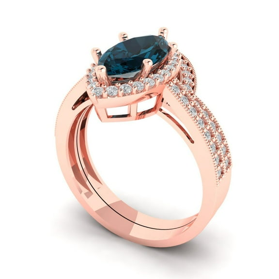 Clara Pucci 18K Rose Gold 2.4875 Natural London Blue Topaz Engraveable Engagement Ring   Wedding Band Set
