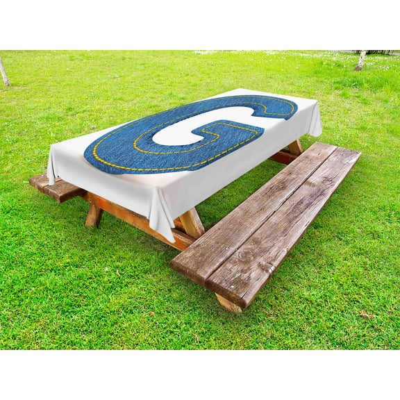 Letter G Outdoor Tablecloth, Modern Denim Font Typeset Character Jeans Cloth with Stitches Uppercase Print, Decorative Washable Fabric Picnic Tablecloth, 58 X 104 Inches, Blue Yellow, by Ambesonne