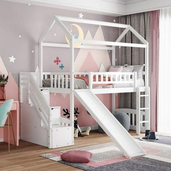 House Loft Bed Twin Size, Twin Loft Bed with Slide, Wood Loft Bed with Storage Stairs, Ladder and Full-Length Guardrail, Kids House Bed/ Slide Bed(White)