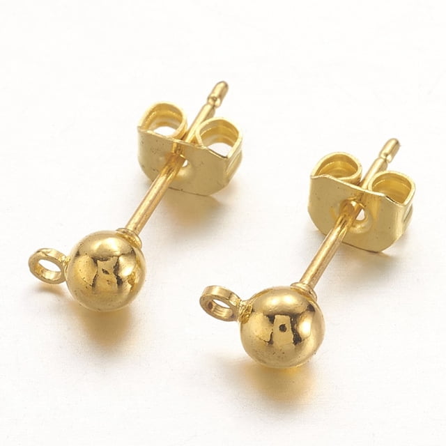 Brass Post Earring Findings with Loop Nickel Free Golden 15x6mm Hole: 1mm Pin: 0.8mm Ball: 4mm