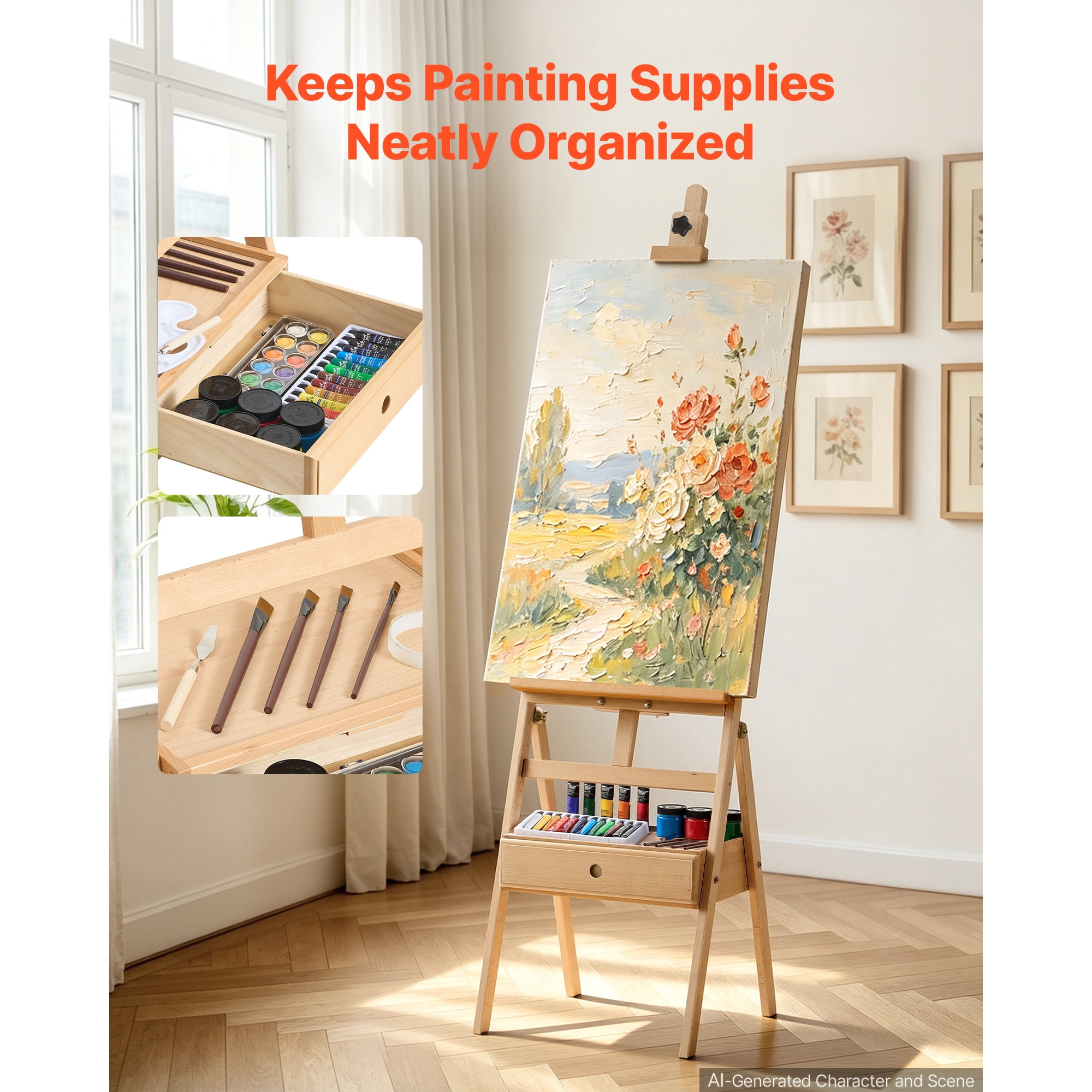 KFFKFF Studio H-Frame Easel with Adjustable Height, Holds Canvas Up to 35.83 Inches, Solid Beech Wood Construction, Versatile Art Easel with Storage Drawer, Natural Finish