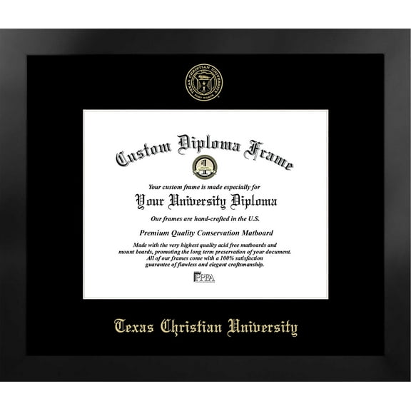 Texas Christian University 11w x 8.5h Manhattan Black Single Mat Gold Embossed Diploma Frame with Bonus Campus Images Lithograph (value savings at $59)
