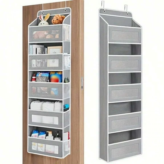 Over The Door Organizer Storage, anging Door Organizer with 5 Large Capacity Pockets, Behind Door Storage for Bedroom, Bathroom, Pantry, Nursery(Grey)