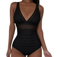 thumbnail image 2 of WREESH Womens One Piece Swimsuit Tummy Control V Neck Bathing Suit Fashion Matching Multi-Color Printed Swimsuit Tight Fitting and Gathering Swimsuit Black, 2 of 8