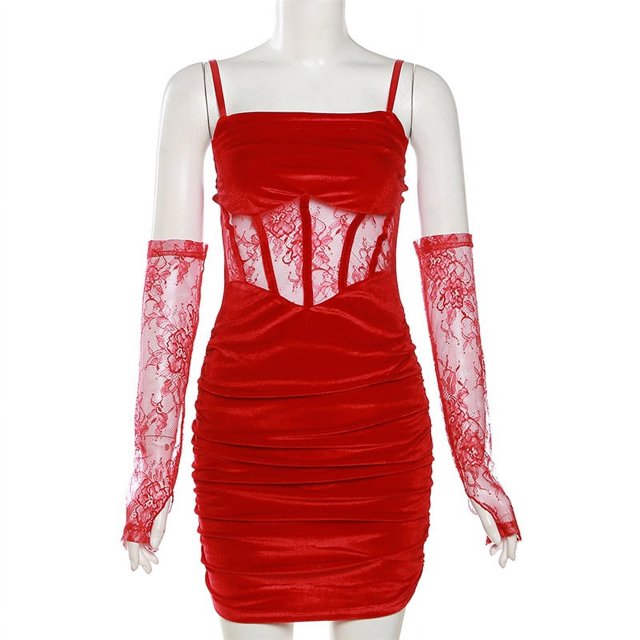 Vestido gótico de terciopelo oscuro fruncido, elegante, con corsé, parches de encaje gótico, vestido de fiesta transparente con tirantes, rojo y negro, ropa sin espalda para mujer