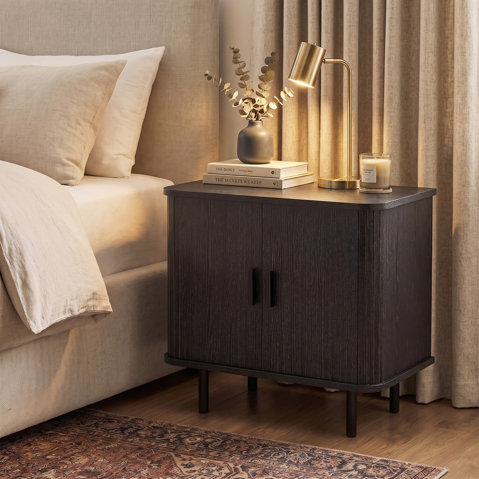 Furnibear End Table Modern Mid Century Nightstand with Sliding Tambour Doors and Storage Shelf for Bedroom Living Room, Black