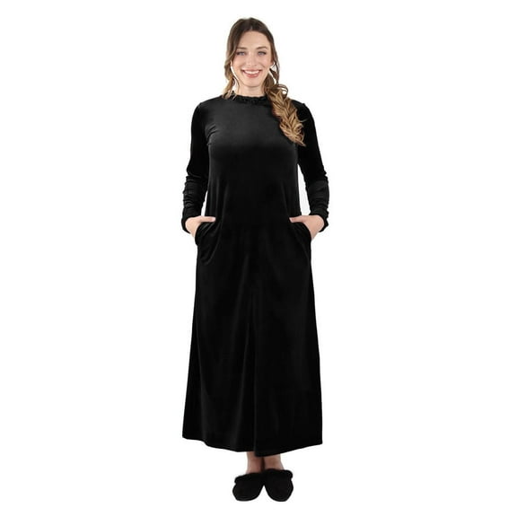 MeMoi Women's Velour Ruched Neck Full Length Lounger Gown - Womens - Female, Large, Black