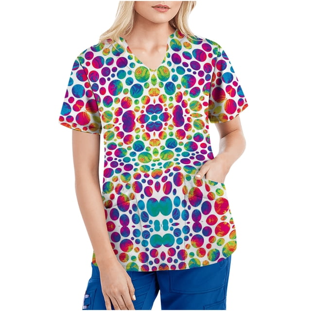 Tops de mujer de manga corta con cuello en V Tops uniforme de trabajo Tie-Dye gradiente Arco Iris estampado Floral con cuatro bolsillos blusa Pompotops hkajfhjk463148