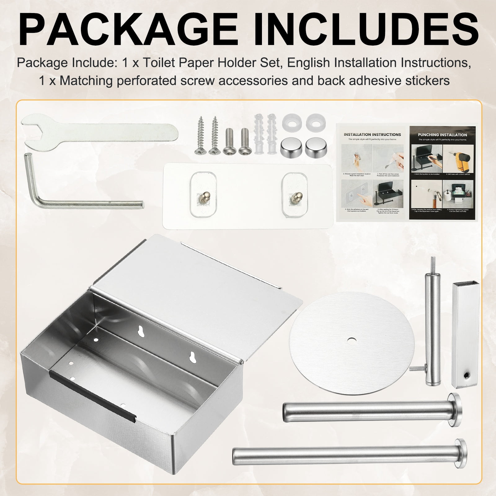 Uxcell Toilet Paper Holder with Storage, 304 Stainless Steel Toilet Paper Holder for 2 Rolls, Wipes Dispenser for Bathroom Organizer, Adhesive or Wall Mount (Bright Silver)