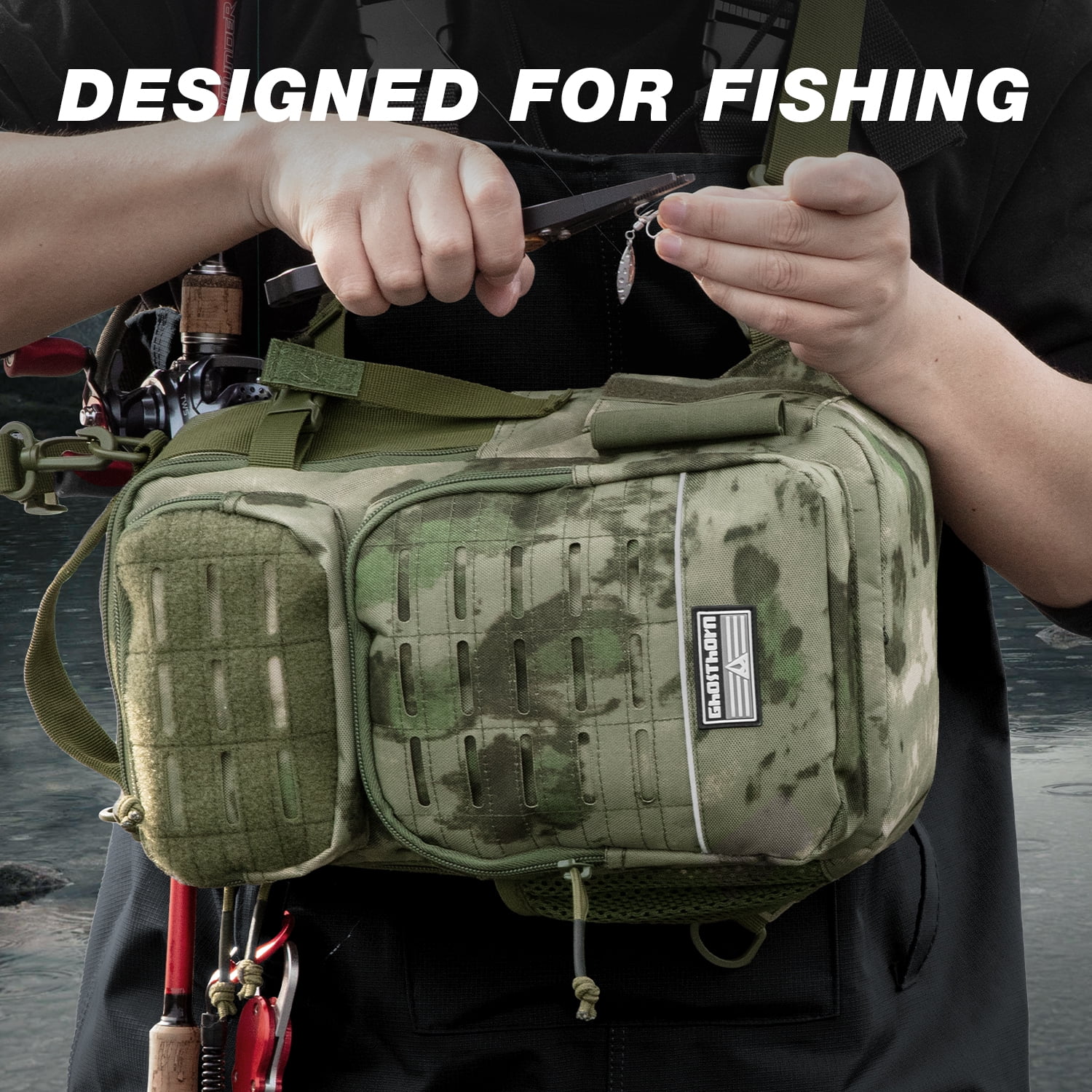 Ghosthorn Fishing Backpack Tackle Sling Bag - Lightweight Sling Tackle Storage Bag with Bait Box - Fishing Backpack with Rod Holder