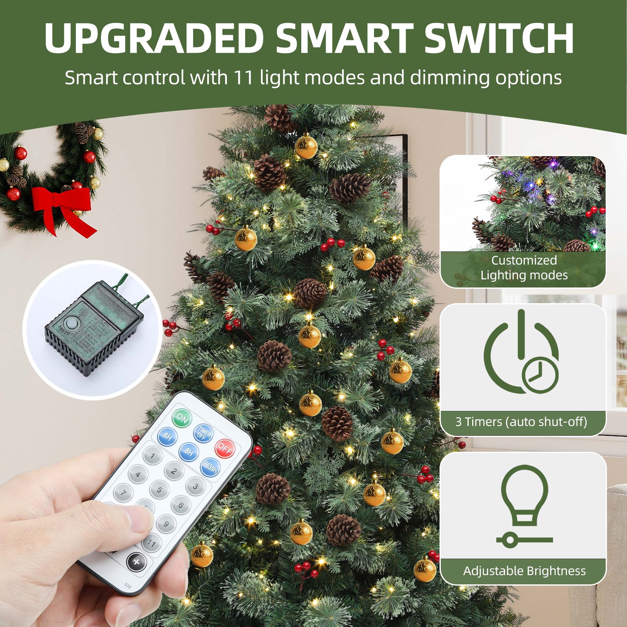 Uforic 7.5 ft Prelit Artificial Carolina Pine Christmas Tree with 1200 Tips & 400 Lights, Remote Control, Green