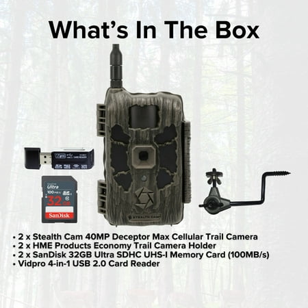 Stealth Cam 40MP Deceptor Max Cellular Trail Camera (2-Pack) Bundle with Economy Trail Camera Holder (2-Pack) 4-in-1 Card Reader and 32GB Memory Card (2-Pack) (6 Items)